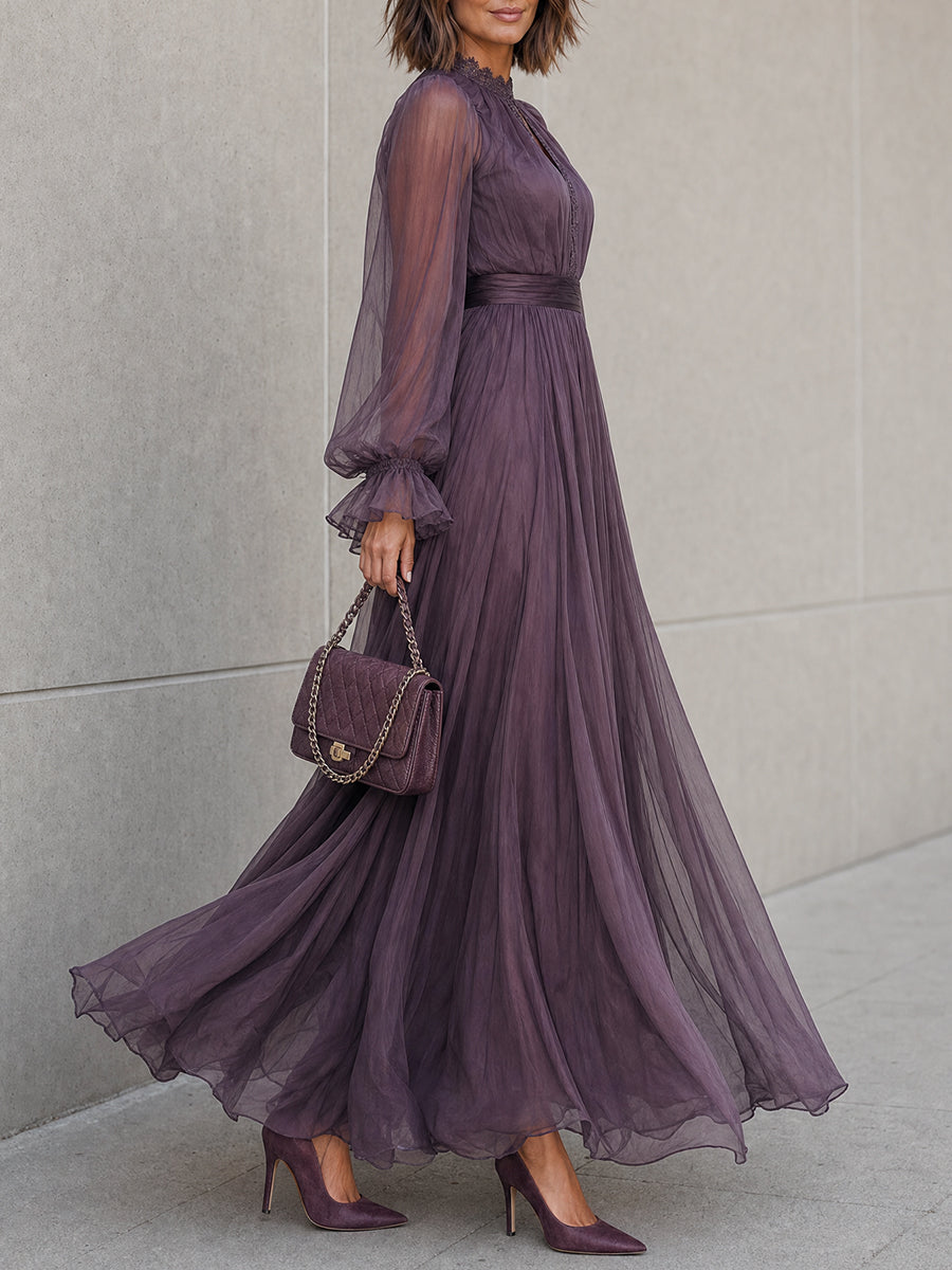 French Sheer Long Sleeve Lace Trim Flowy Chiffon Maxi Dress