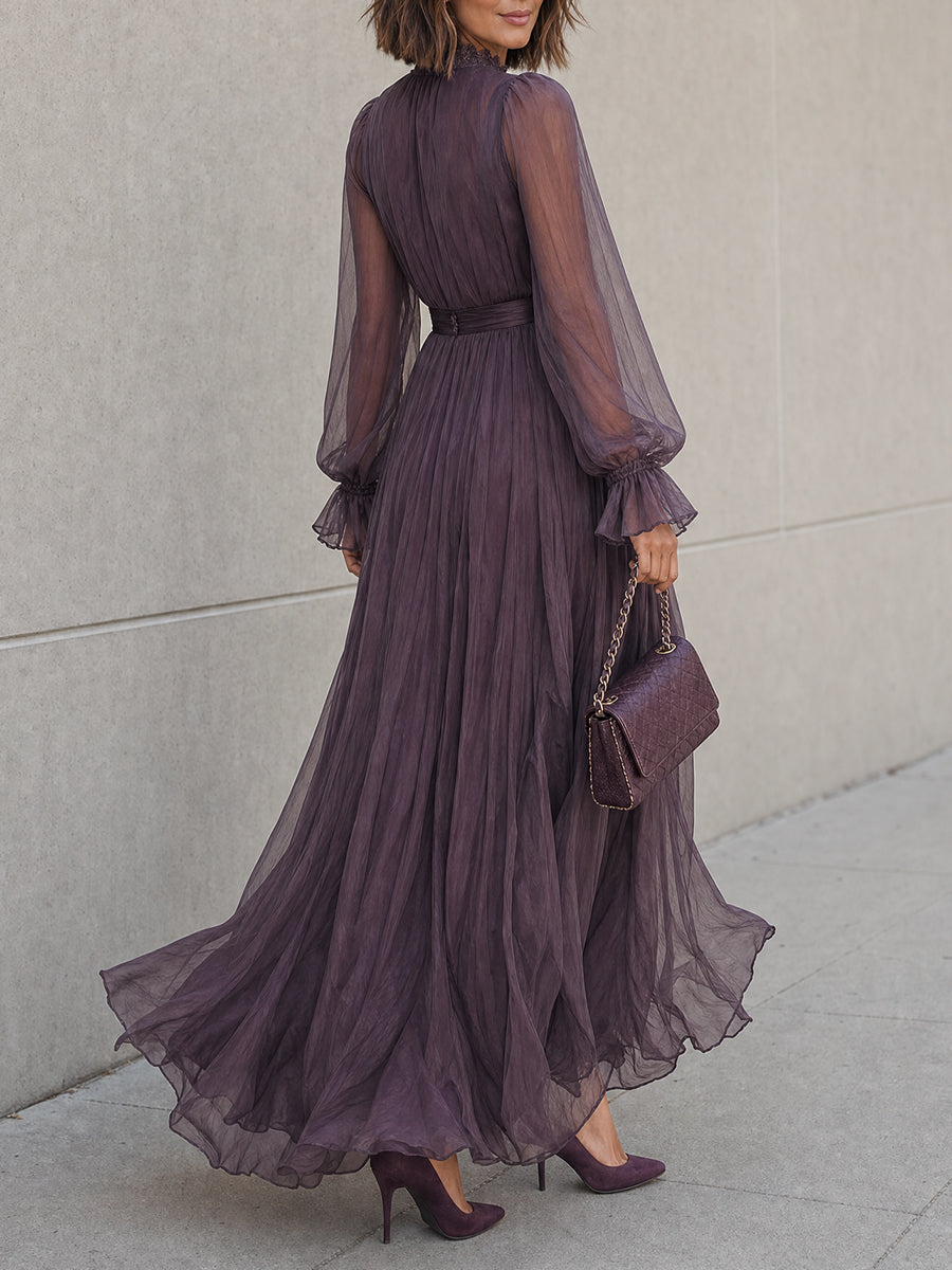 French Sheer Long Sleeve Lace Trim Flowy Chiffon Maxi Dress