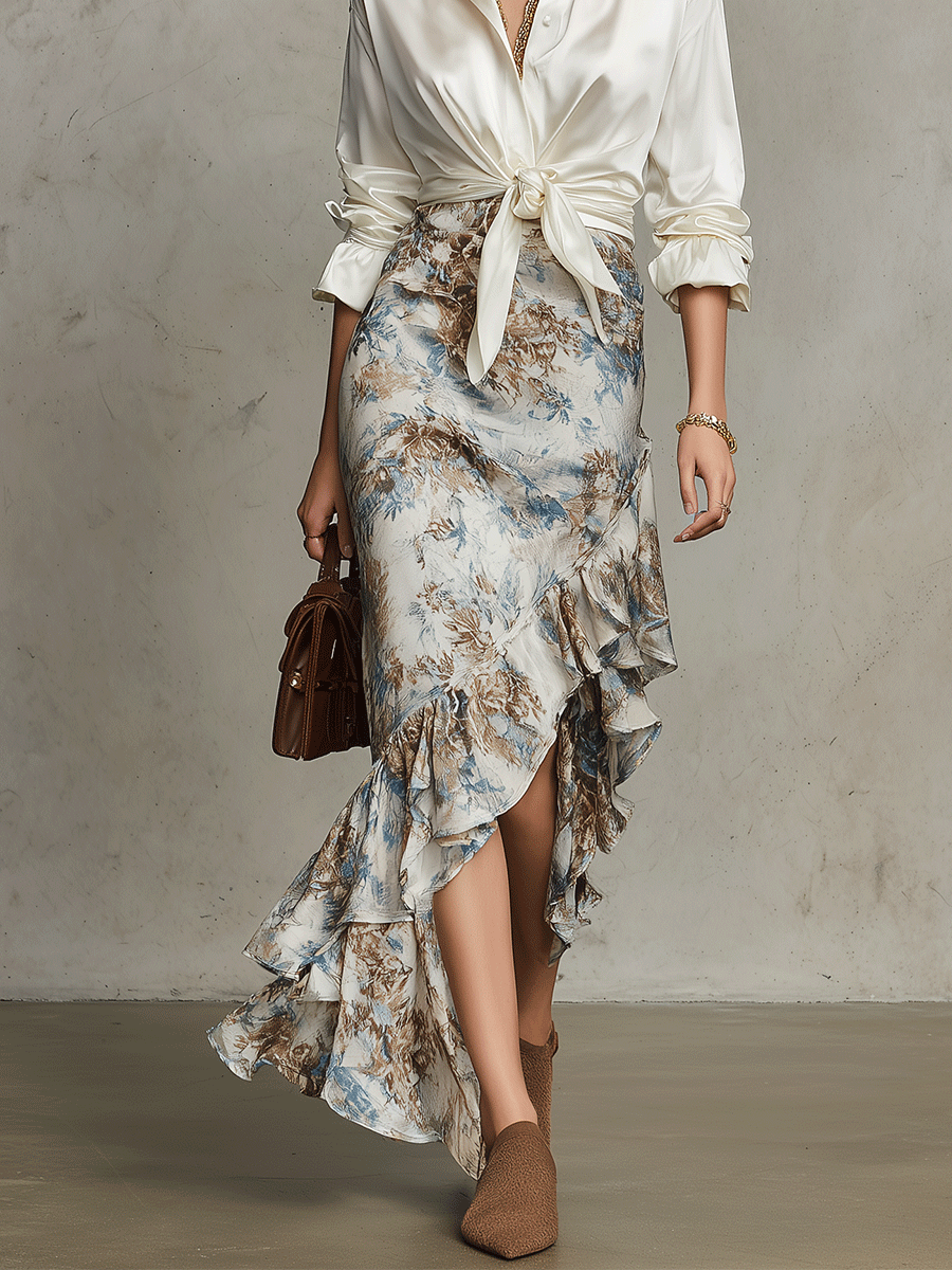 Floral Print Ruffled Asymmetric High-Low Satin Maxi Skirt Shirt Set
