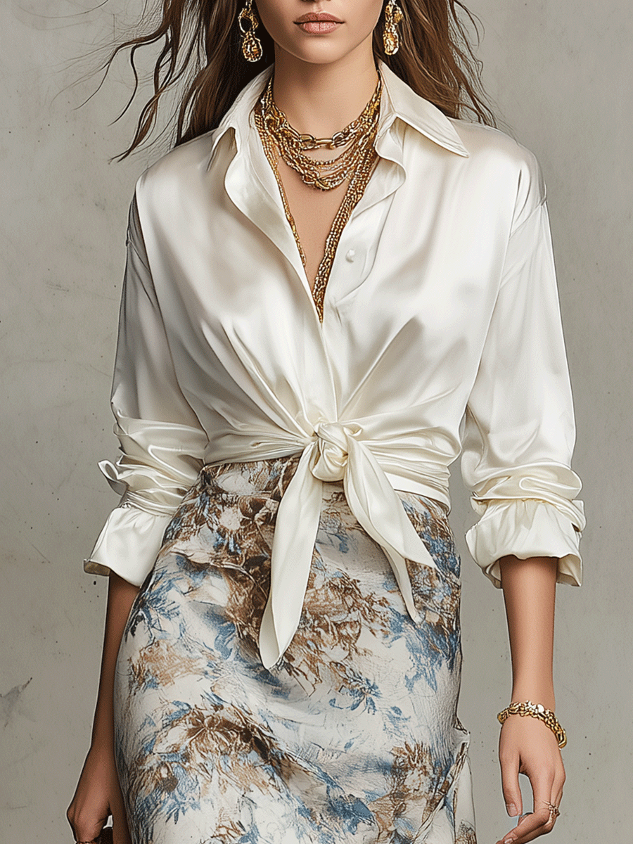 Floral Print Ruffled Asymmetric High-Low Satin Maxi Skirt Shirt Set