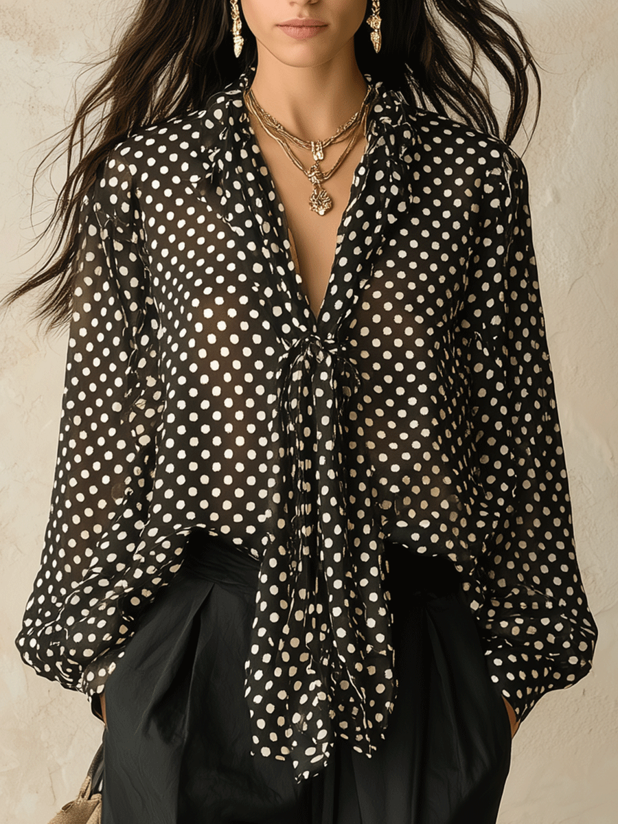 Effortless Glam Satin Polka-Dot Bow-Front Long-Sleeve Black Blouse