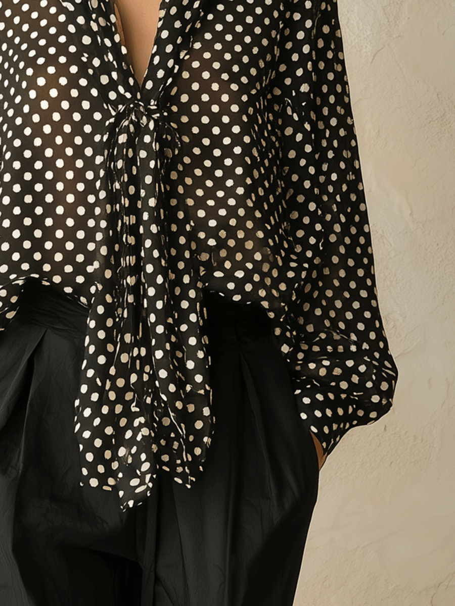Effortless Glam Satin Polka-Dot Bow-Front Long-Sleeve Black Blouse