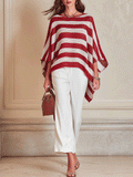 Effortless Chic Ribbed-Knit Cape Top & High-Waist Red & White Trouser Set