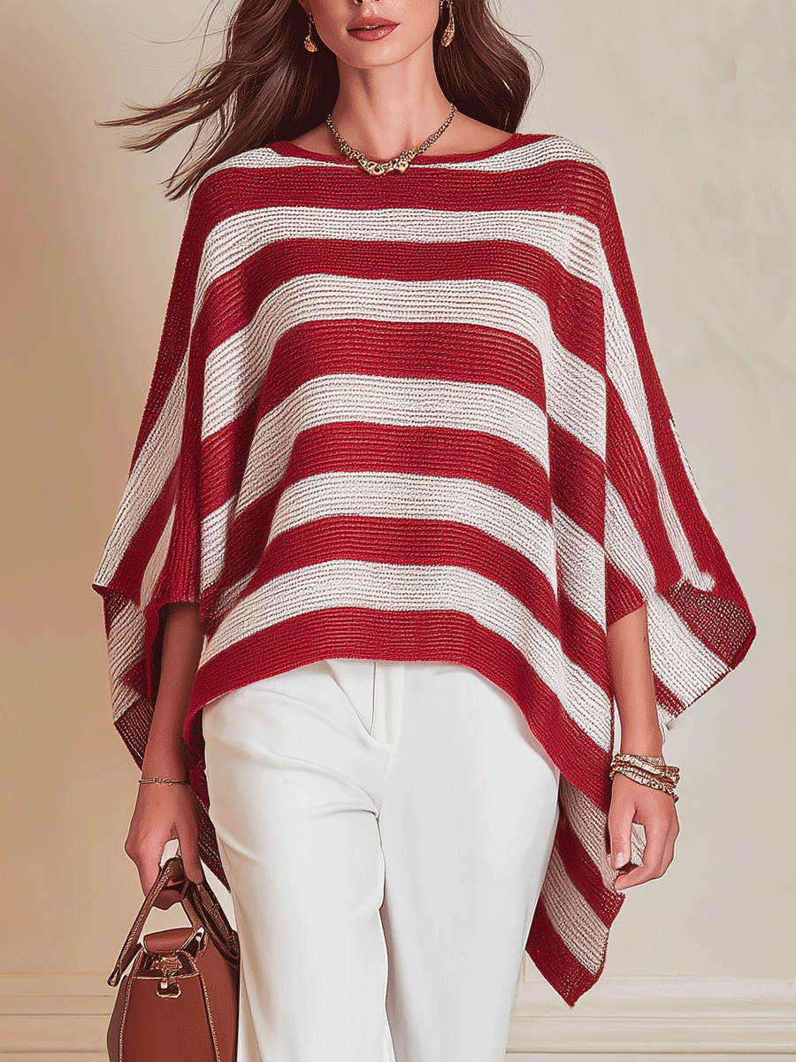 Effortless Chic Ribbed-Knit Cape Top & High-Waist Red & White Trouser Set