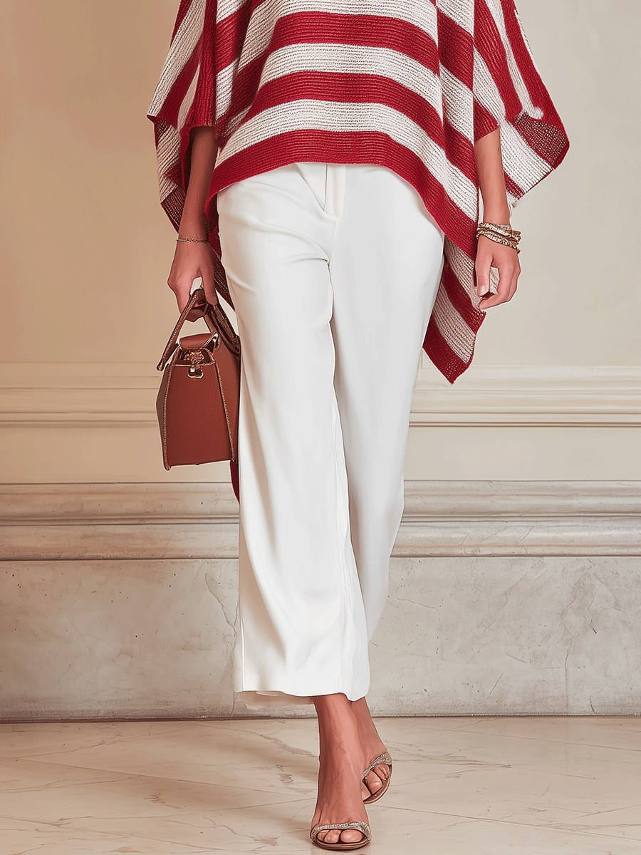 Effortless Chic Ribbed-Knit Cape Top & High-Waist Red & White Trouser Set