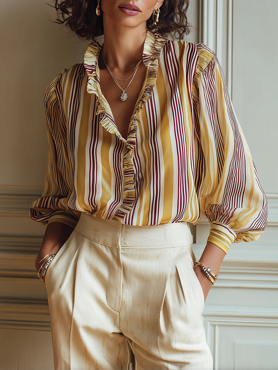French-style Striped Lantern-sleeve Blouse With Ruffle Trim