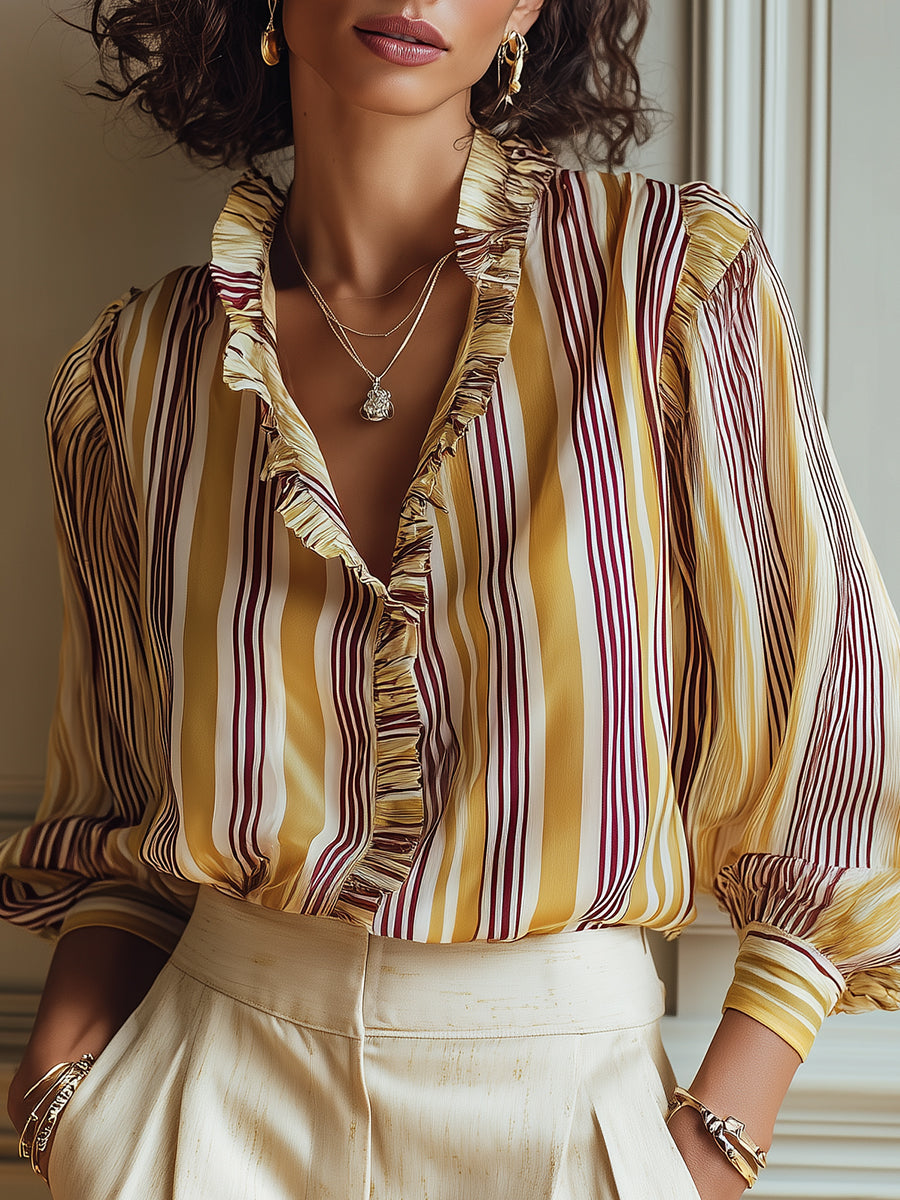 French-style Striped Lantern-sleeve Blouse With Ruffle Trim