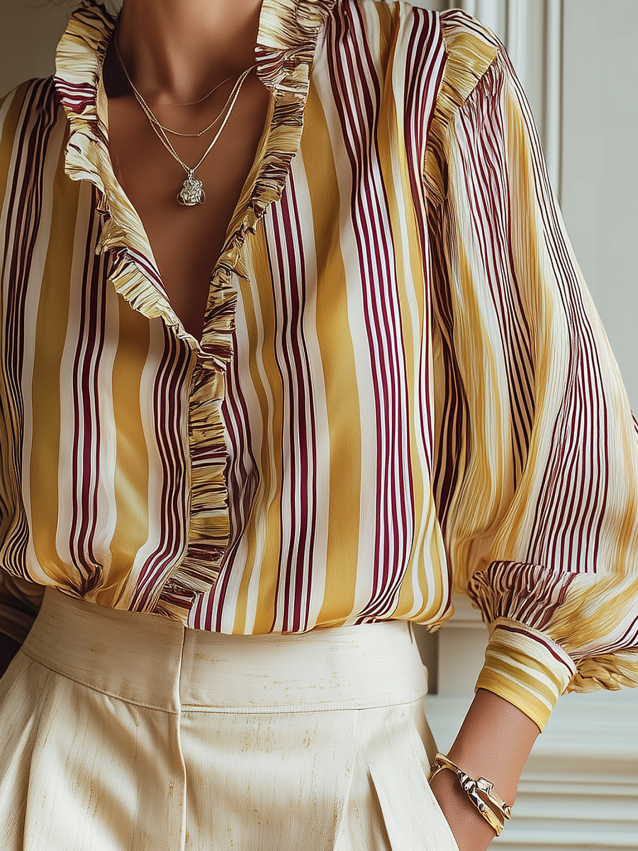 French-style Striped Lantern-sleeve Blouse With Ruffle Trim