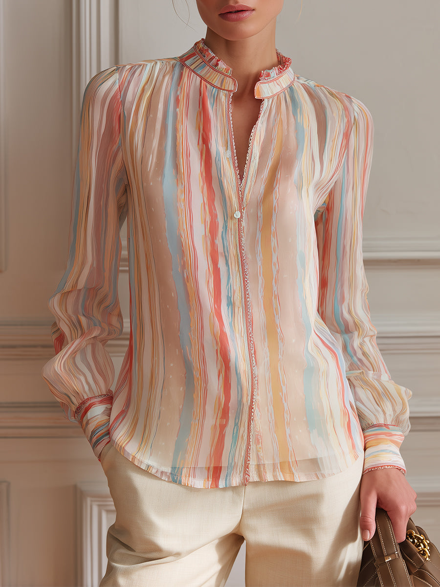 Elegant Straight-cut Chiffon Blouse With Candy-colored Stripes