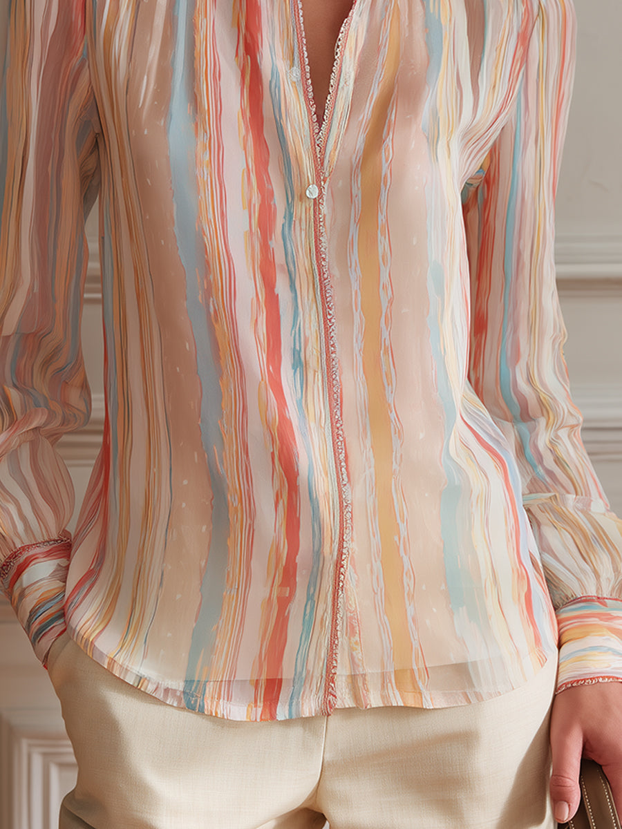 Elegant Straight-cut Chiffon Blouse With Candy-colored Stripes