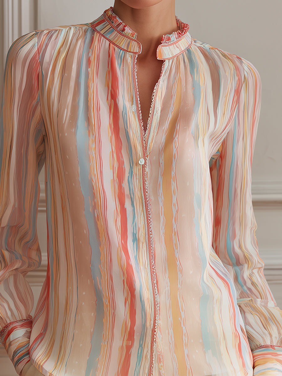 Elegant Straight-cut Chiffon Blouse With Candy-colored Stripes