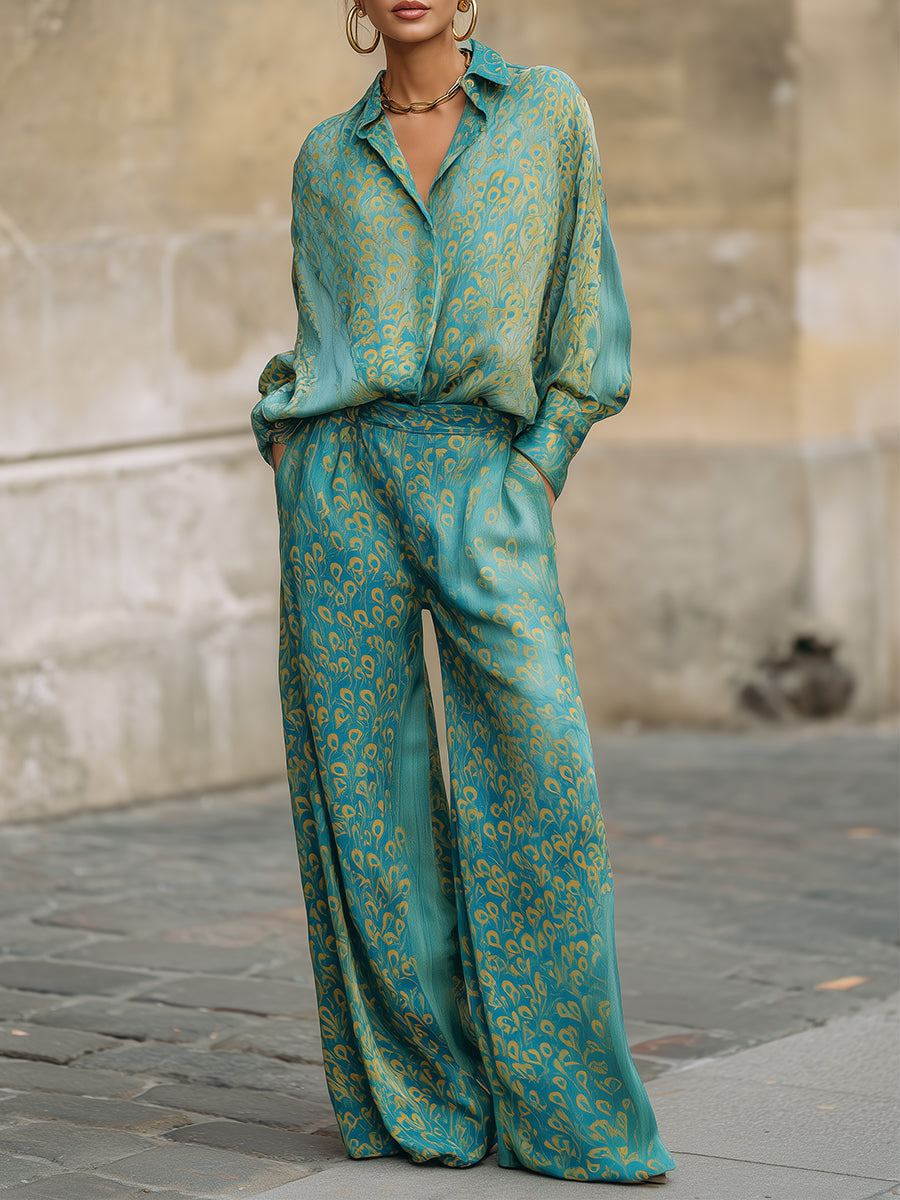 Casual Peacock Feather Print Blouse & Wide-Leg Pants Set