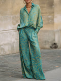 Casual Peacock Feather Print Blouse & Wide-Leg Pants Set
