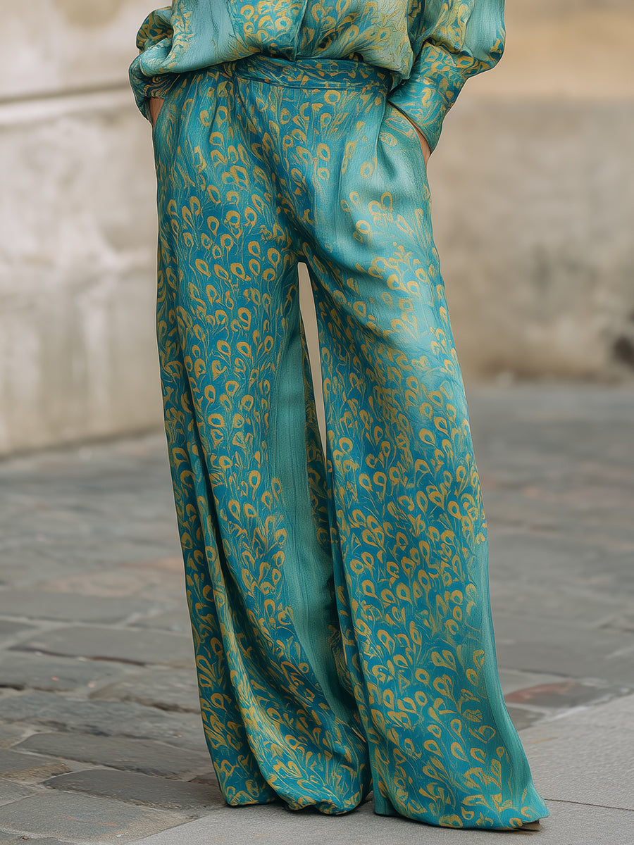 Casual Peacock Feather Print Blouse & Wide-Leg Pants Set