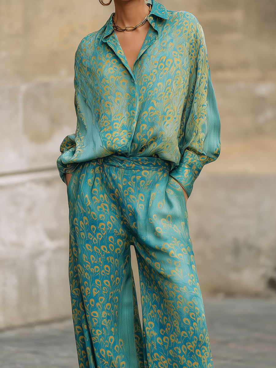 Casual Peacock Feather Print Blouse & Wide-Leg Pants Set