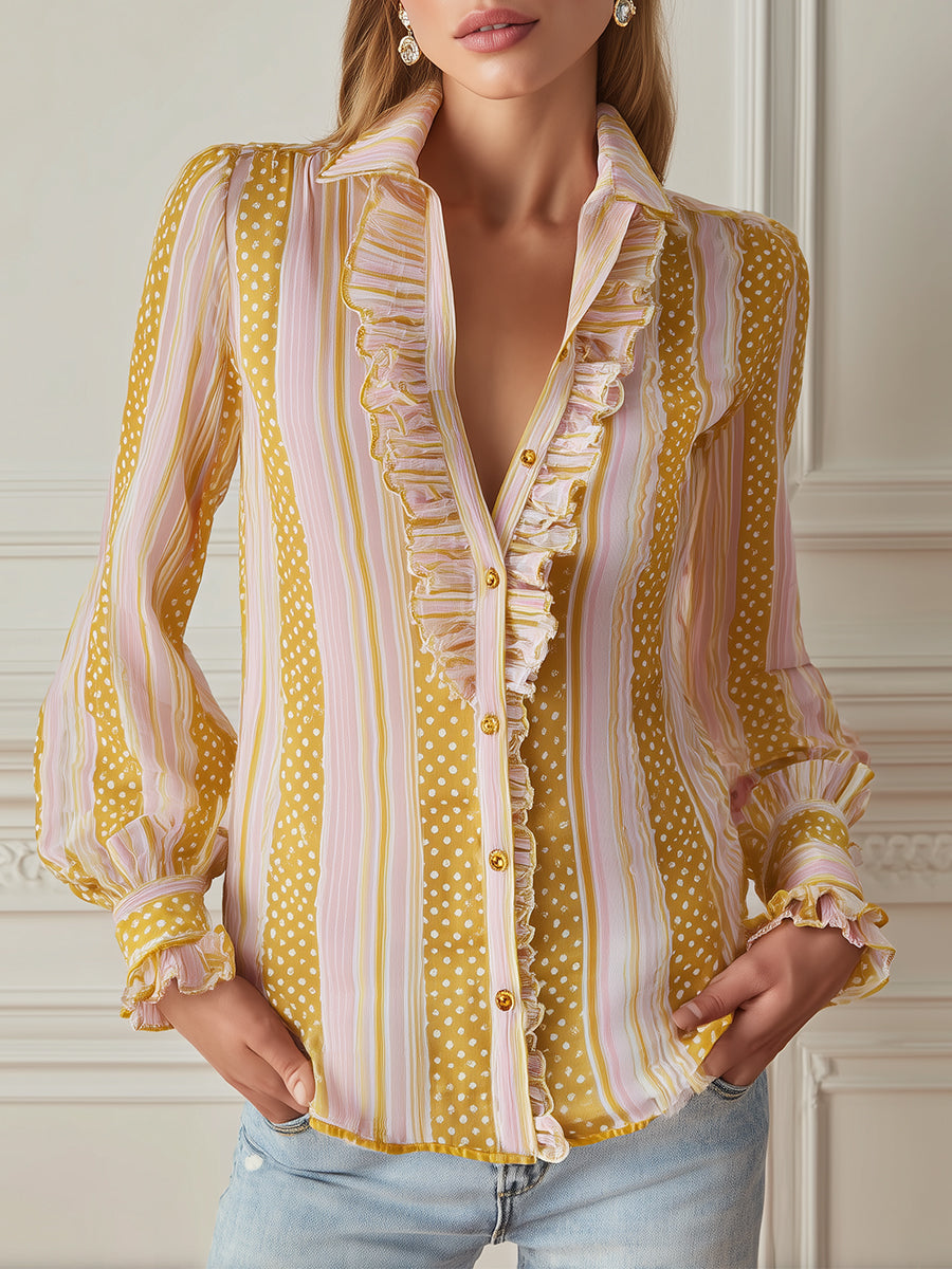 French-style Striped And Polka-dot Print Blouse With Ruffle Trim