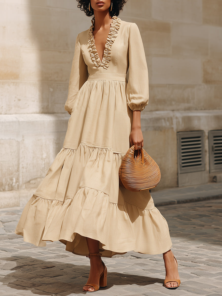 Elegant Ruffled-trim Neckline Maxi Dress With Ruffle Hem