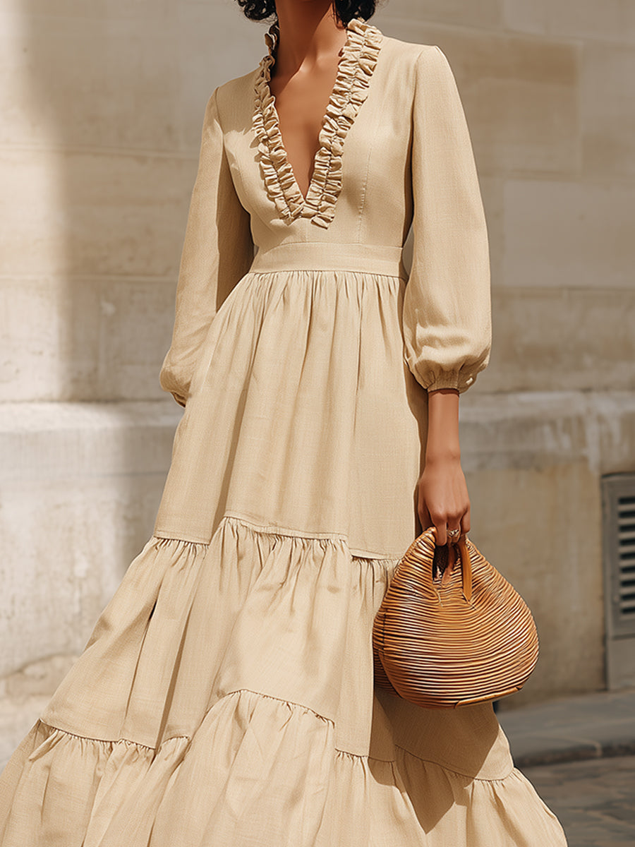 Elegant Ruffled-trim Neckline Maxi Dress With Ruffle Hem