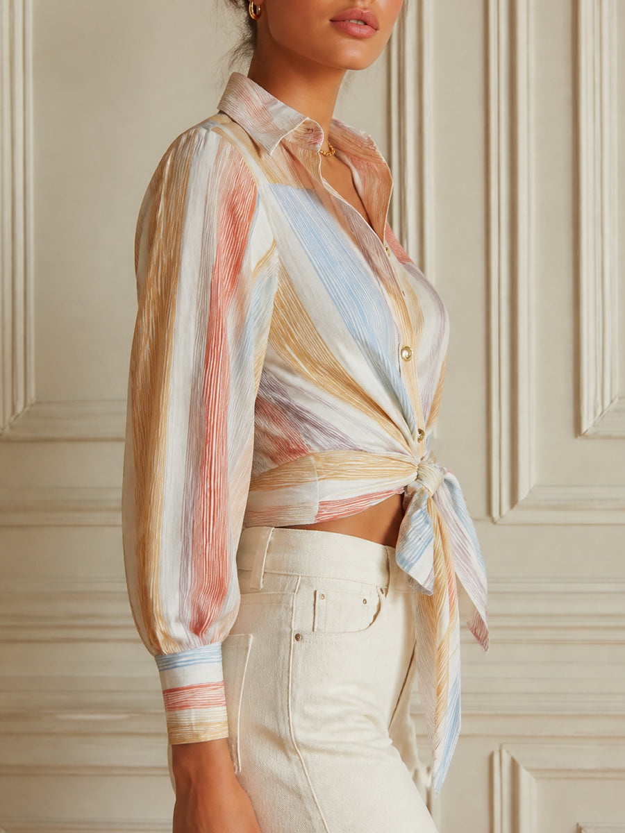 Multicolor Striped Print Long Sleeve Tie-Front Button Up Blouse