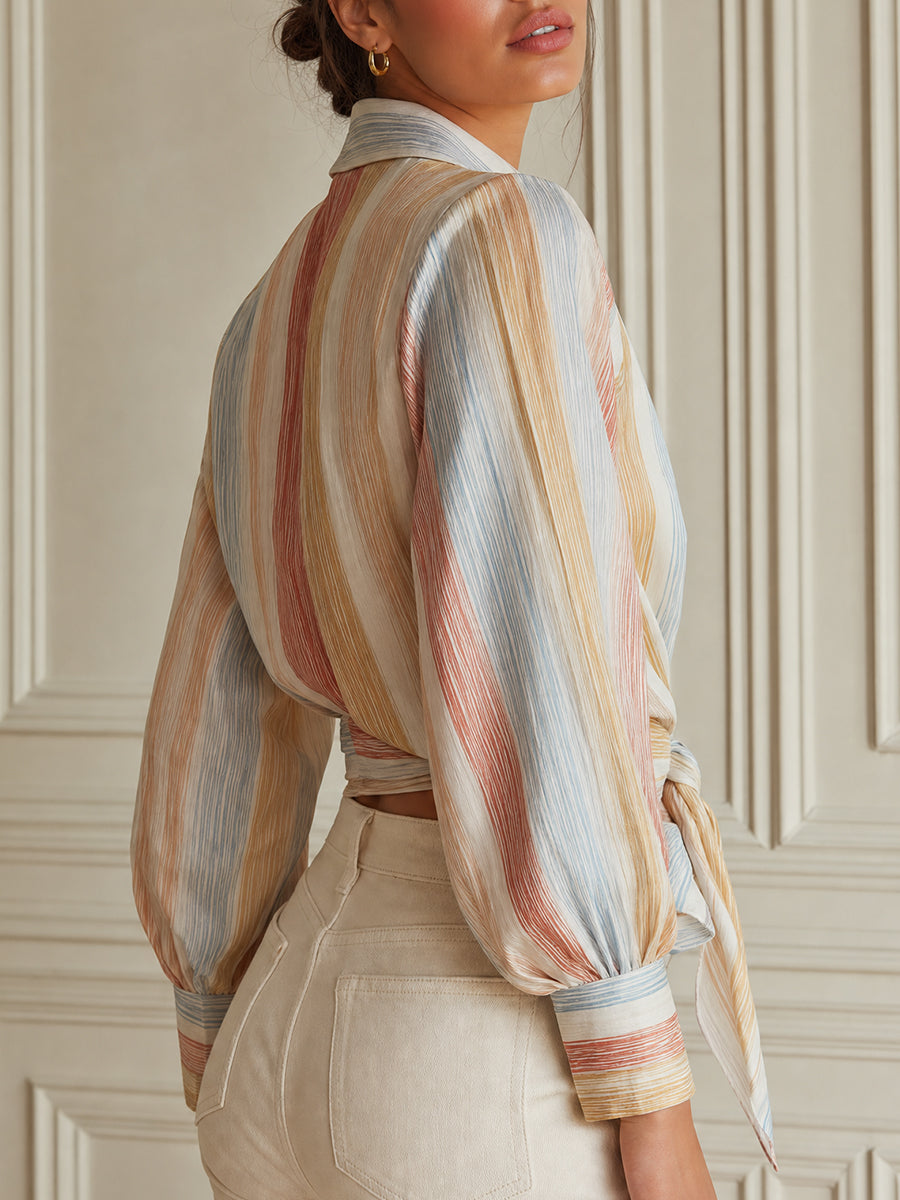 Multicolor Striped Print Long Sleeve Tie-Front Button Up Blouse