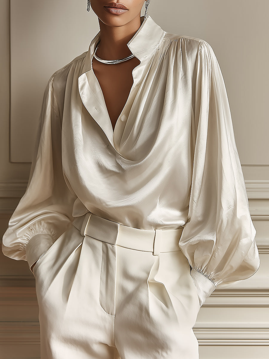 French Draped Cowl Neck Satin Blouse with Balloon Sleeves