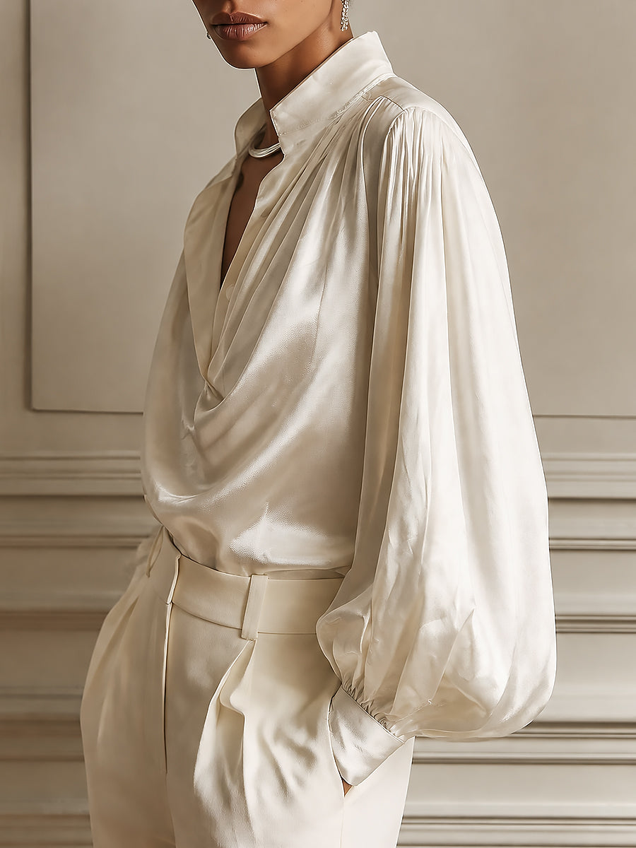 French Draped Cowl Neck Satin Blouse with Balloon Sleeves