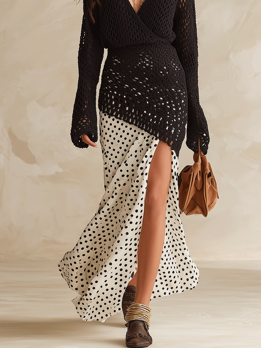 Statement Boho Crochet-Knit Wrap Top & Polka-Dot Satin Black Two-Piece Set