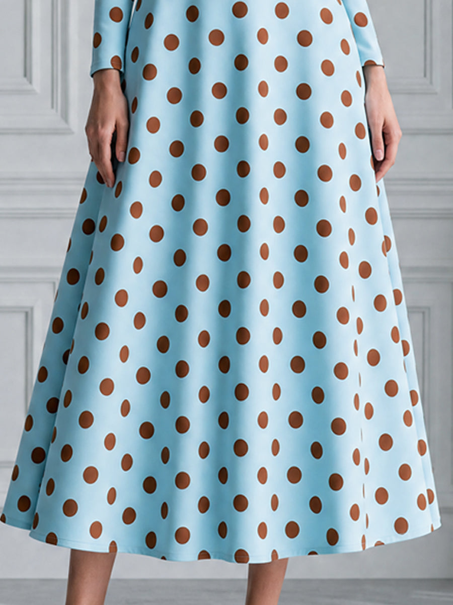 Sky Blue Brown Polka Dot High-Neck A-Line Midi Dress