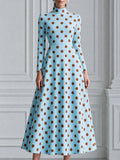 Sky Blue Brown Polka Dot High-Neck A-Line Midi Dress