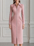 Fringe-Trim Collar Front Zip Sheath Midi Dress