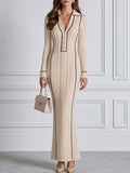 Cable Knit Contrast-Trim Collared Button Maxi Sweater Dress