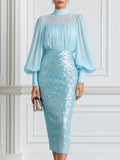 Elegant Mock Neck Bishop Sleeve & Sequin Pencil Skirt Set