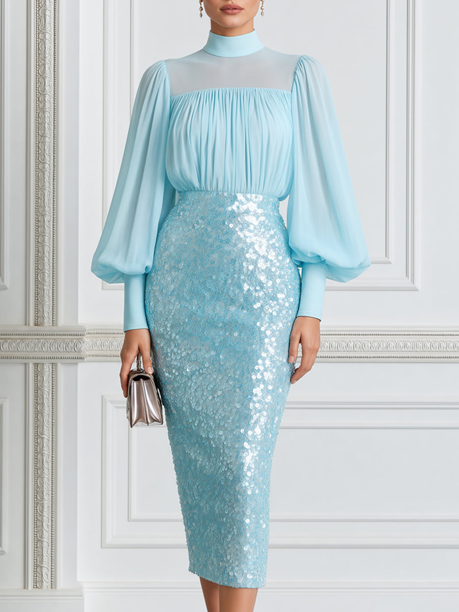Elegant Mock Neck Bishop Sleeve & Sequin Pencil Skirt Set