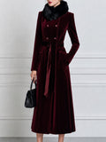 Women's Velvet Double-Breasted Long Coat with Faux Fur Collar