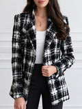 Women's Tweed Plaid Blazer Long Sleeve Tailored Jacket