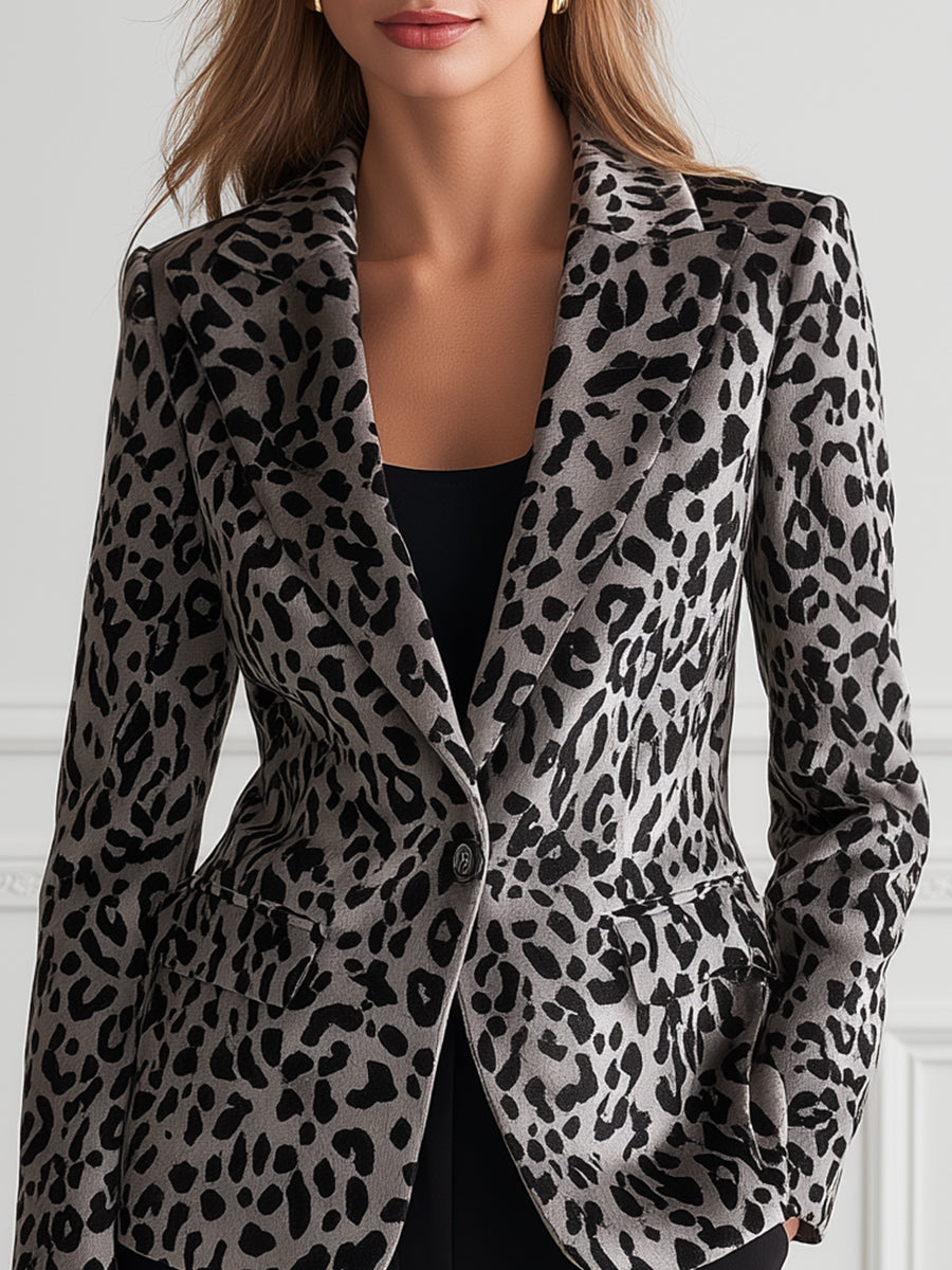 Peak-Lapel Single-Button Fitted Leopard Faux Leather Blazer