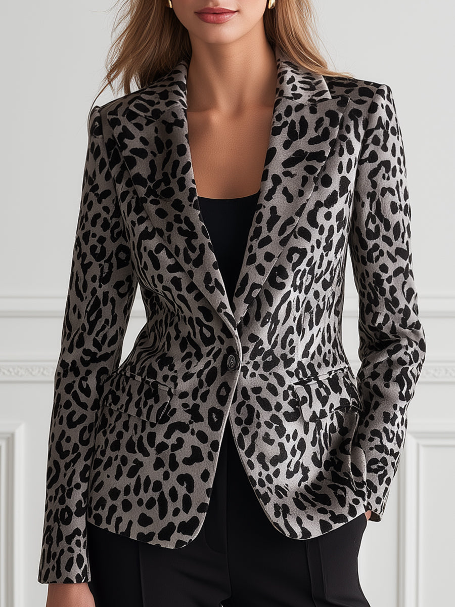 Peak-Lapel Single-Button Fitted Leopard Faux Leather Blazer