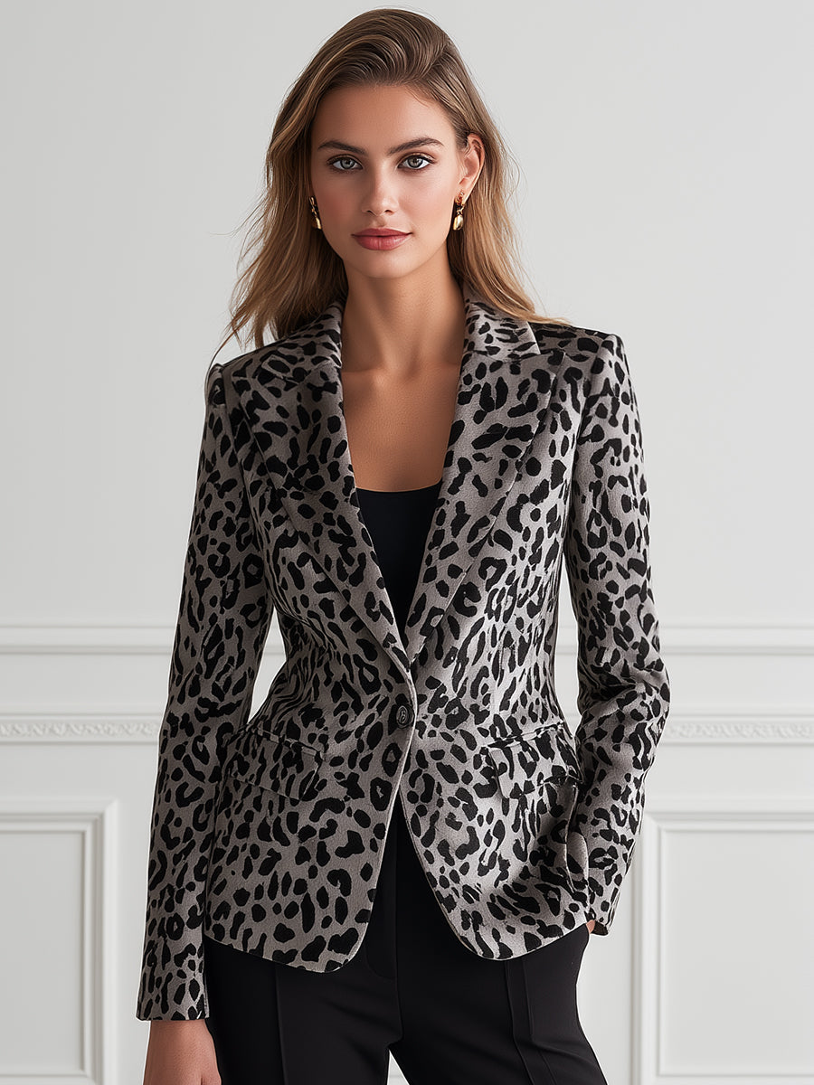 Peak-Lapel Single-Button Fitted Leopard Faux Leather Blazer