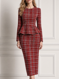 Red Plaid Round Neck Peplum Pencil Midi Dress