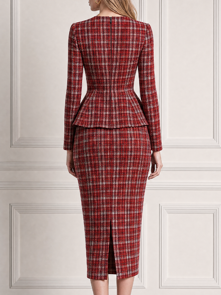 Red Plaid Round Neck Peplum Pencil Midi Dress