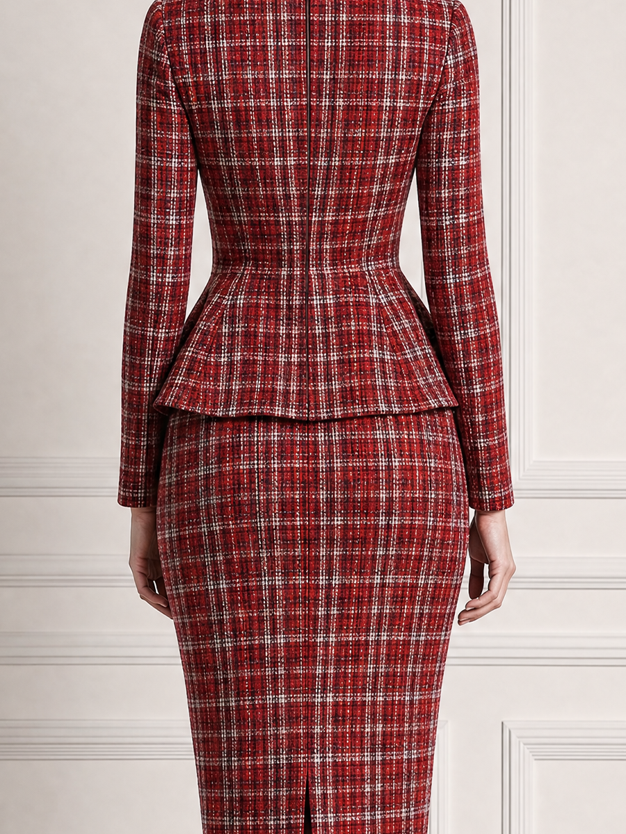 Red Plaid Round Neck Peplum Pencil Midi Dress