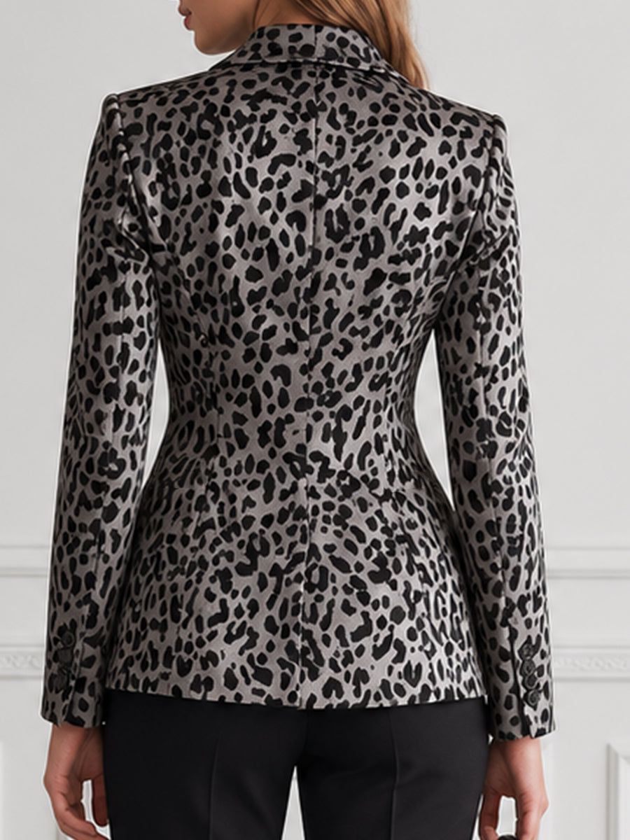 Peak-Lapel Single-Button Fitted Leopard Faux Leather Blazer