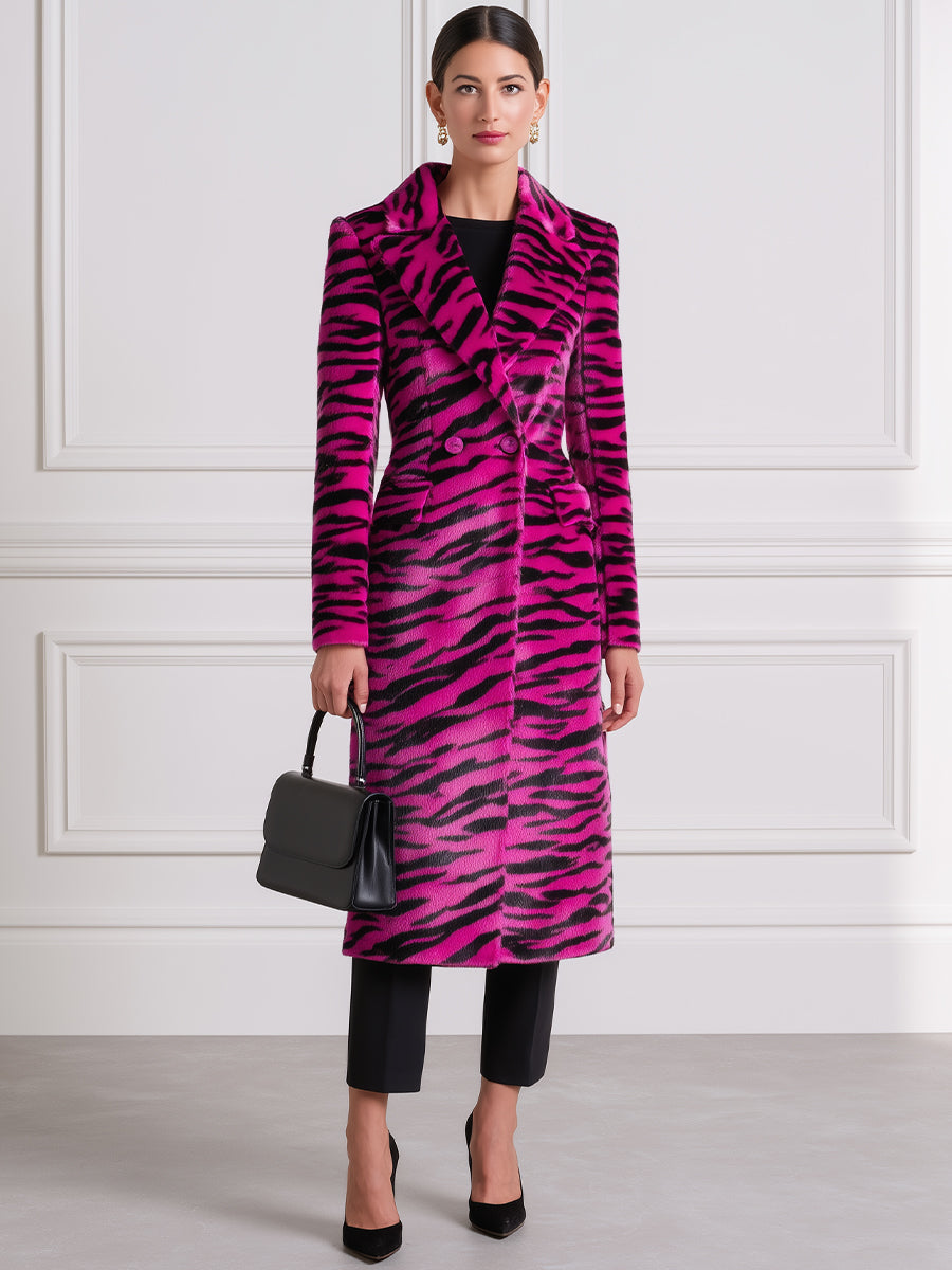 Peak-Lapel Double-Breasted Fitted Zebra-Print Longline Coat