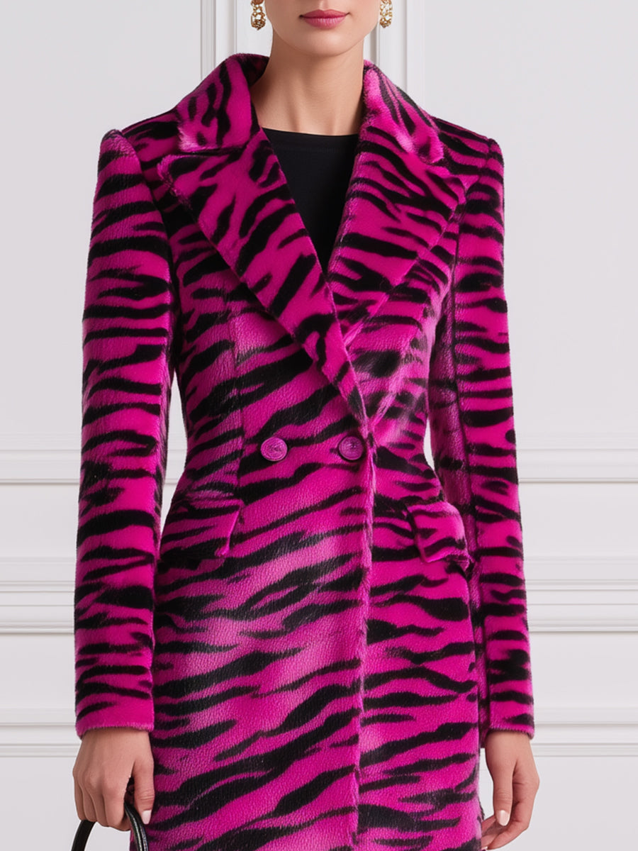 Peak-Lapel Double-Breasted Fitted Zebra-Print Longline Coat