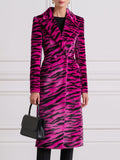 Peak-Lapel Double-Breasted Fitted Zebra-Print Longline Coat