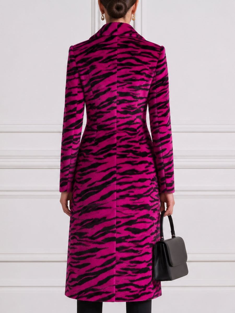 Peak-Lapel Double-Breasted Fitted Zebra-Print Longline Coat