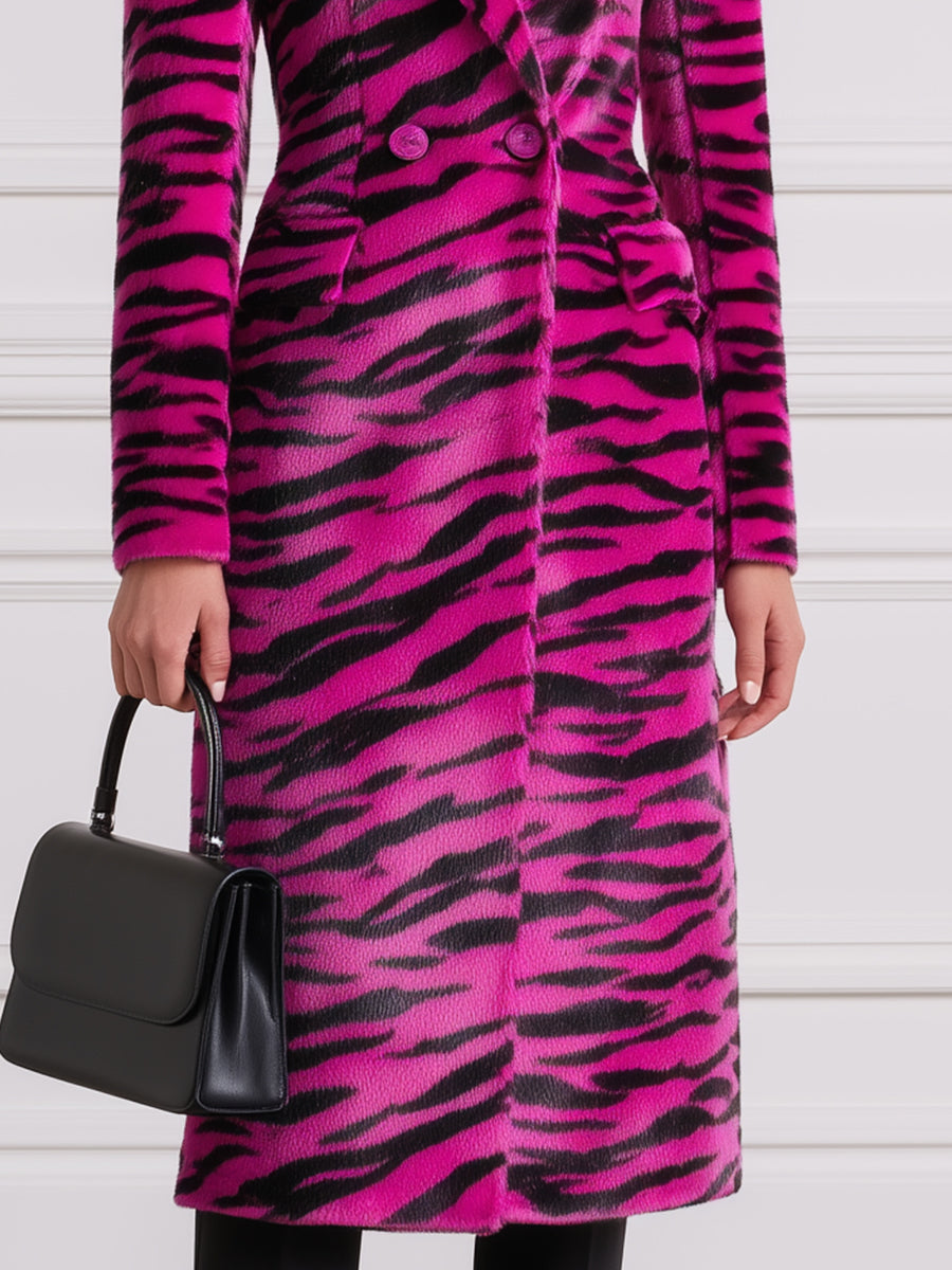 Peak-Lapel Double-Breasted Fitted Zebra-Print Longline Coat