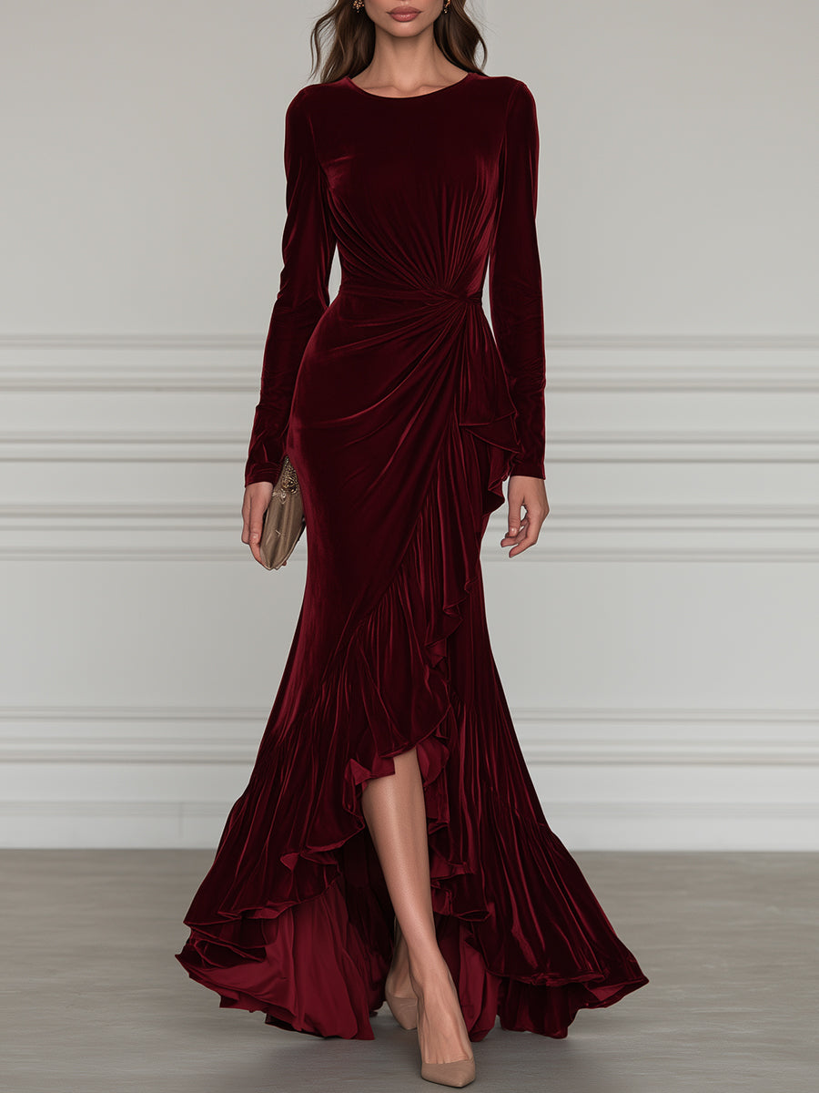 Crew-Neck Long-Sleeve Ruched Ruffle Mermaid Maxi Gown