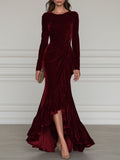Crew-Neck Long-Sleeve Ruched Ruffle Mermaid Maxi Gown