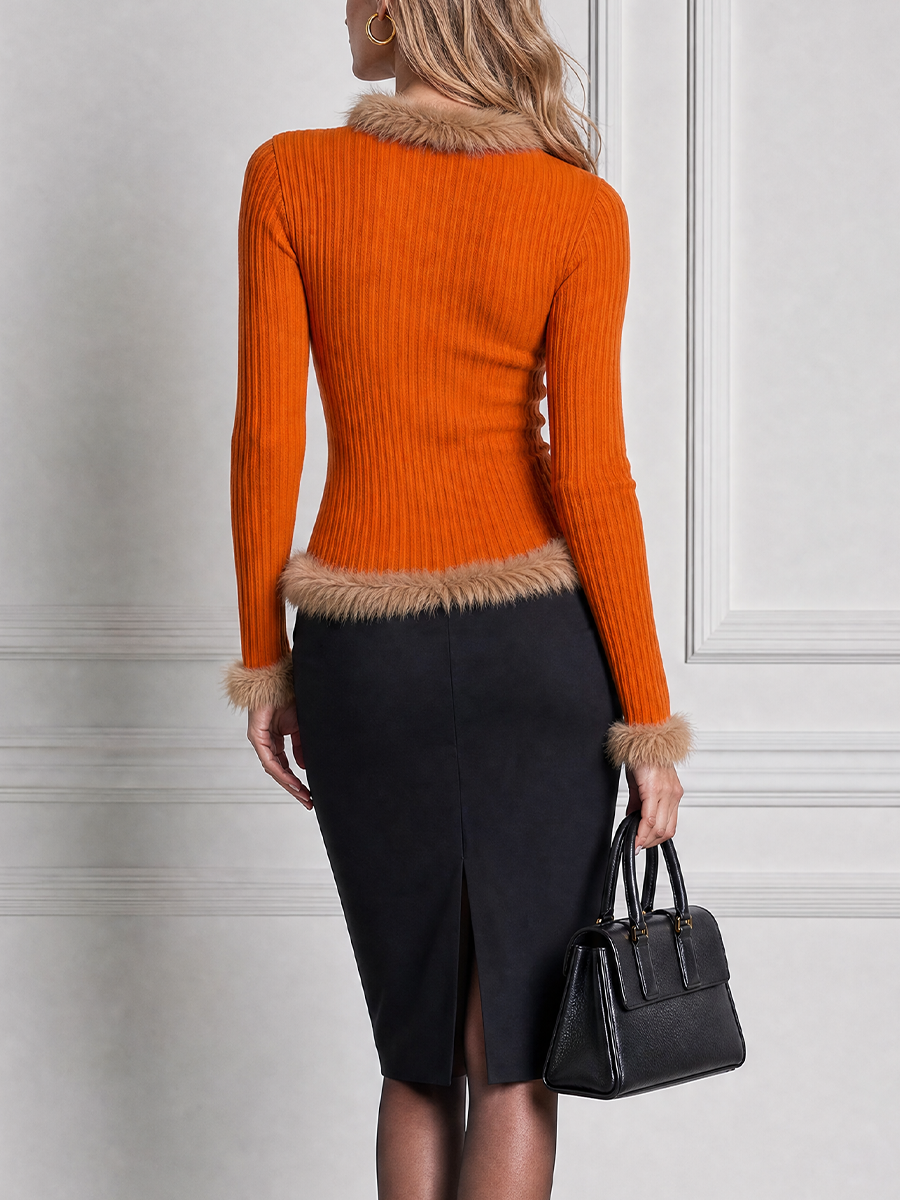 Rust Orange Stockholm Style Faux Fur Trim Knit Top & Pencil Midi Skirt Set